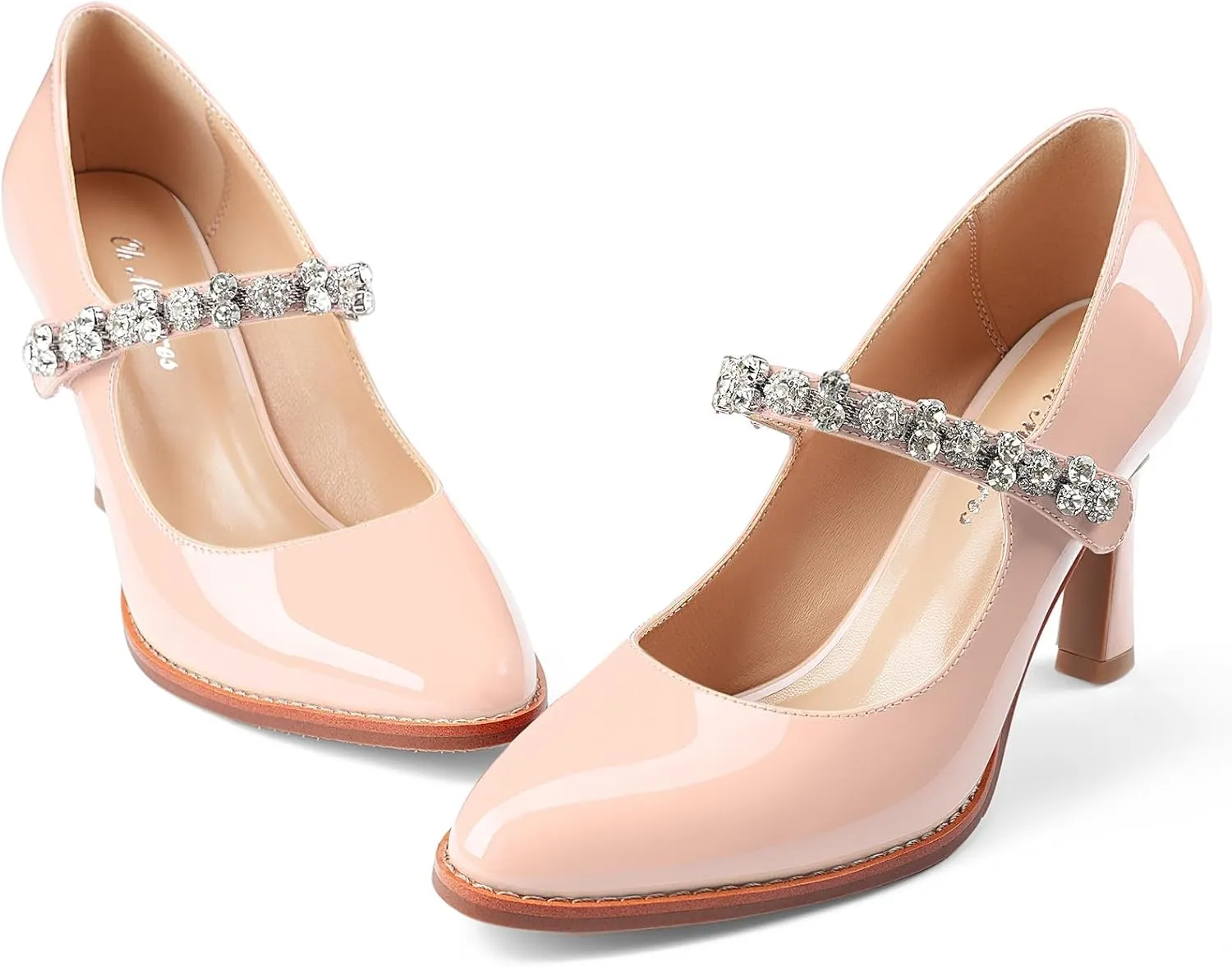 Oh Mispares Pointed Toe Heels for Women Mary Jane Stiletto Pumps Patent Leather Rhinestone Strap 3.5 Inch Dress Shoes for Wedding Party Prom