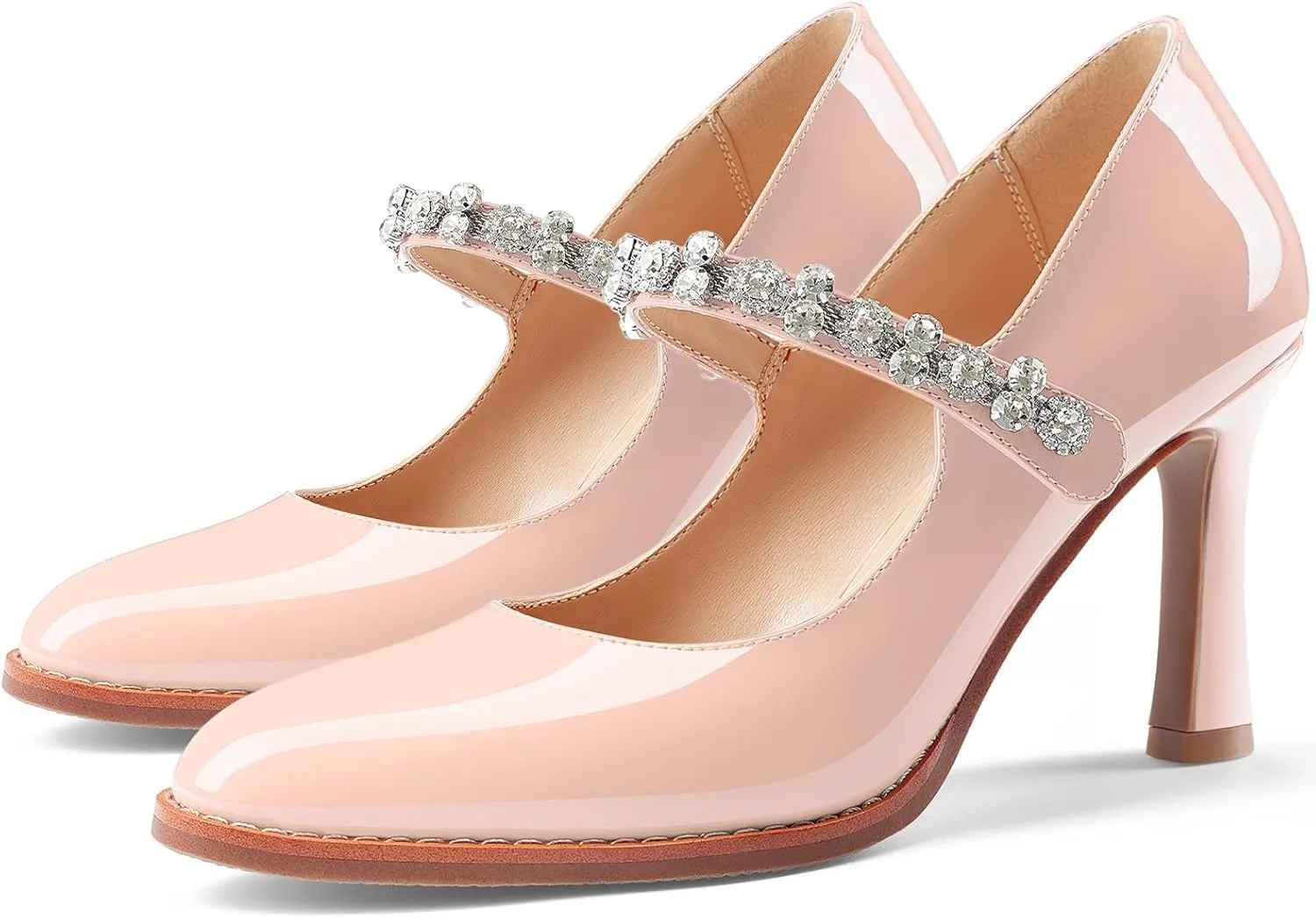 Oh Mispares Pointed Toe Heels for Women Mary Jane Stiletto Pumps Patent Leather Rhinestone Strap 3.5 Inch Dress Shoes for Wedding Party Prom