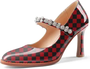 Oh Mispares Pointed Toe Heels for Women Mary Jane Stiletto Pumps Patent Leather Rhinestone Strap 3.5 Inch Dress Shoes for Wedding Party Prom