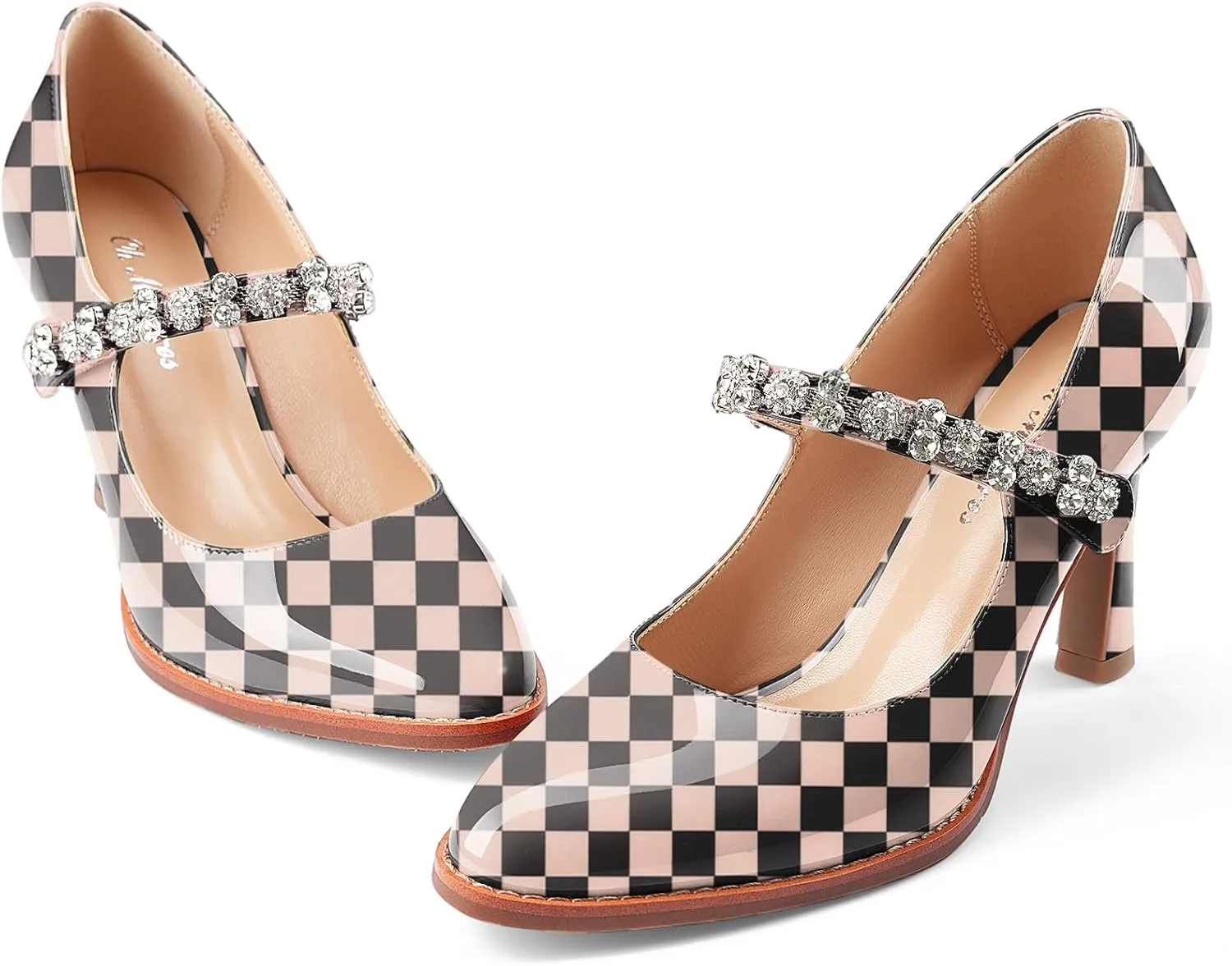 Oh Mispares Pointed Toe Heels for Women Mary Jane Stiletto Pumps Patent Leather Rhinestone Strap 3.5 Inch Dress Shoes for Wedding Party Prom