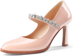 Oh Mispares Pointed Toe Heels for Women Mary Jane Stiletto Pumps Patent Leather Rhinestone Strap 3.5 Inch Dress Shoes for Wedding Party Prom