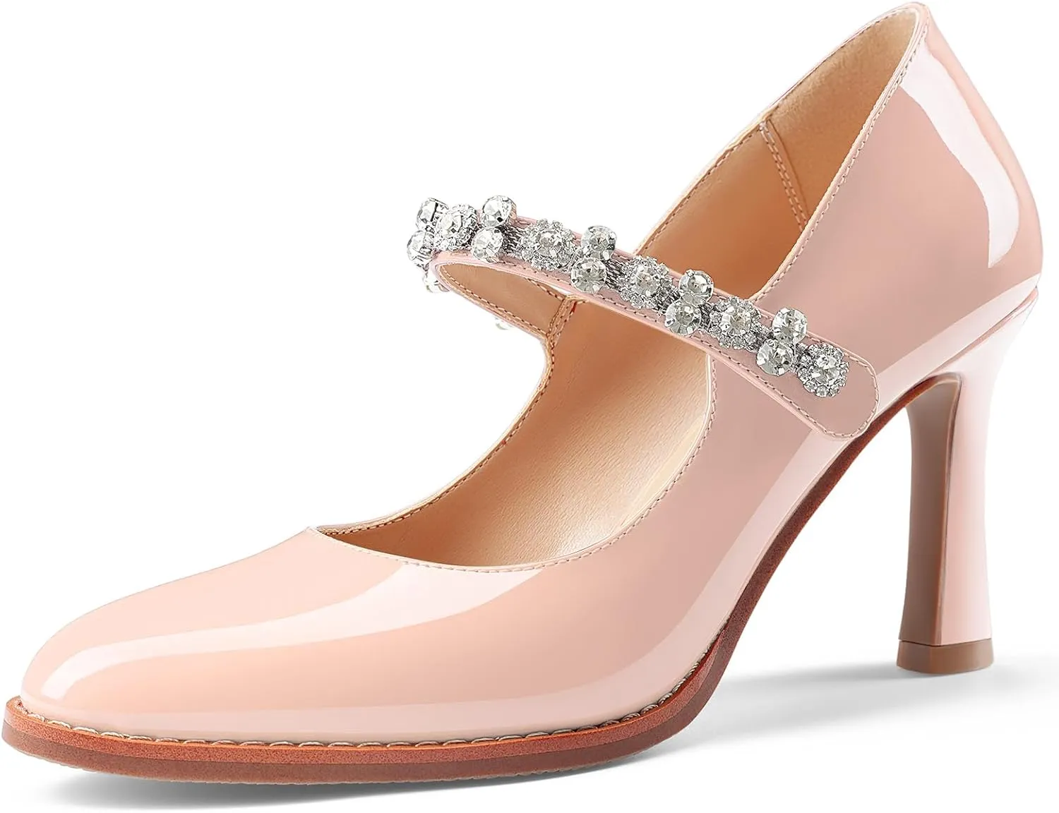 Oh Mispares Pointed Toe Heels for Women Mary Jane Stiletto Pumps Patent Leather Rhinestone Strap 3.5 Inch Dress Shoes for Wedding Party Prom