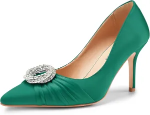 Oh Mispares Women's Satin Pumps Closed Pointed Toe Stiletto Heels Glitter Rhinestones 3.35 Inch Elegant Dress Shoes for Weddings Parties Proms