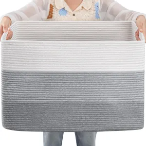 OIAHOMY 108L Large Cotton Rope Basket, Rectangle Woven Baskets for Storage, Nursery Blanket Storage Living Room, Toy Basket With Handle-25”x16”x16”-Gradient Grey