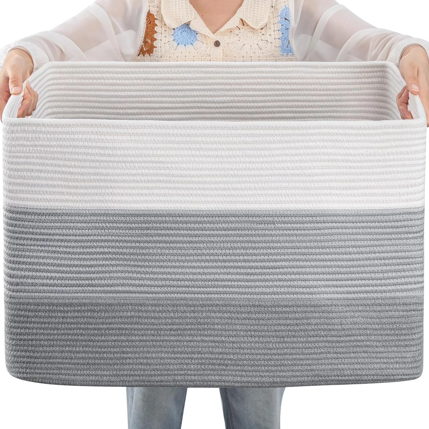 OIAHOMY 108L Large Cotton Rope Basket, Rectangle Woven Baskets for Storage, Nursery Blanket Storage Living Room, Toy Basket With Handle-25”x16”x16”-Gradient Grey