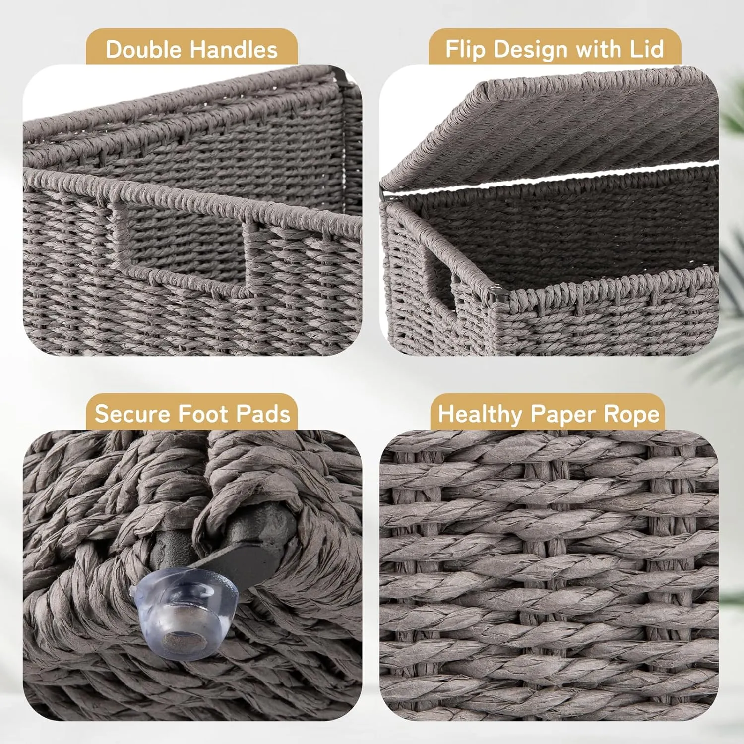 OIAHOMY Laundry Hamper with Lid, 23.8 Gal (90L) Wicker Hamper with Removable Liner Bags, Handwoven Clothes Basket with Handles, Foldable Woven Paper Rope Basket for Laundry Room, Bedroom-Grey