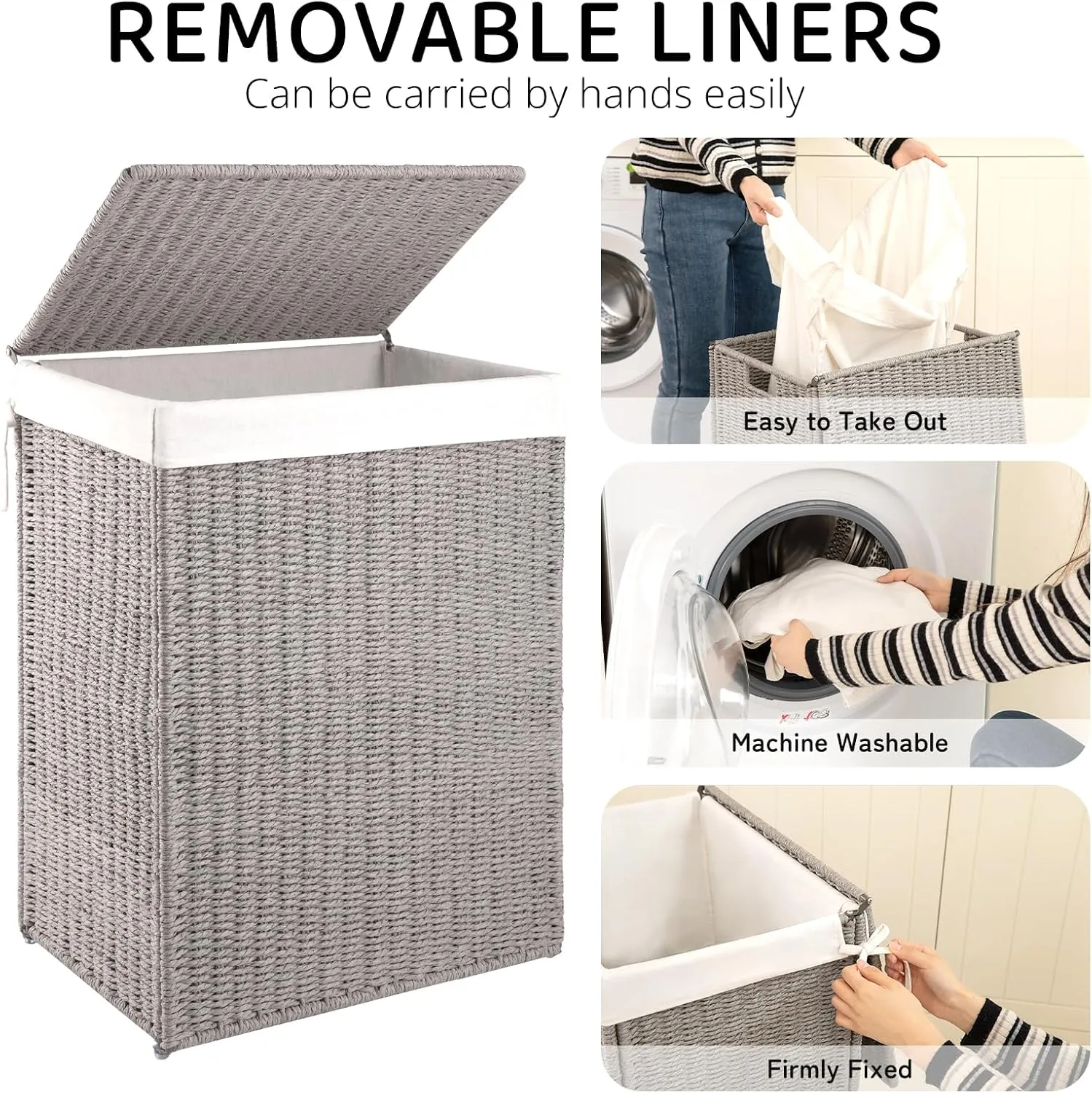 OIAHOMY Laundry Hamper with Lid, 23.8 Gal (90L) Wicker Hamper with Removable Liner Bags, Handwoven Clothes Basket with Handles, Foldable Woven Paper Rope Basket for Laundry Room, Bedroom-Grey