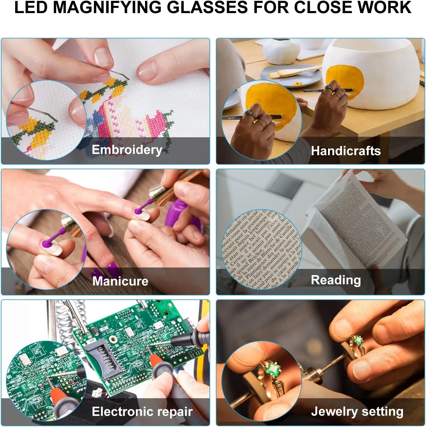 OKH 200% Magnifying Glasses with Light, Rechargeable LED Lighted Magnification Eyeglasses, Bright Sight Hands Free Magnifier Glasses for Close Work, Craft, Jewellers, Reading, Hobby