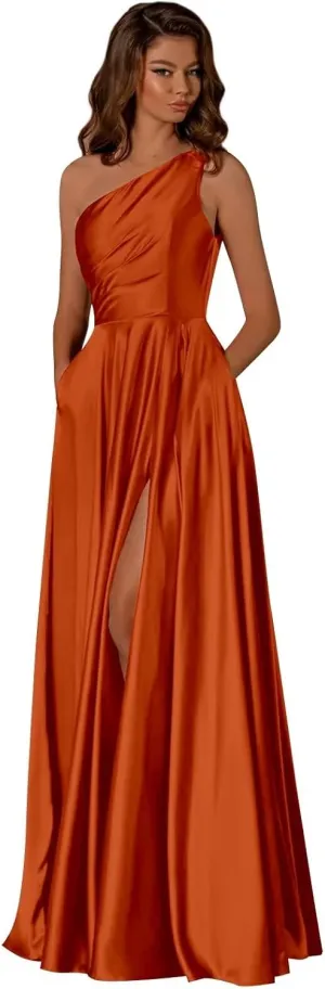 One Shoulder Bridesmaid Dresses for Women Satin Prom Dress with Pockets A Line Formal Dress with Slit