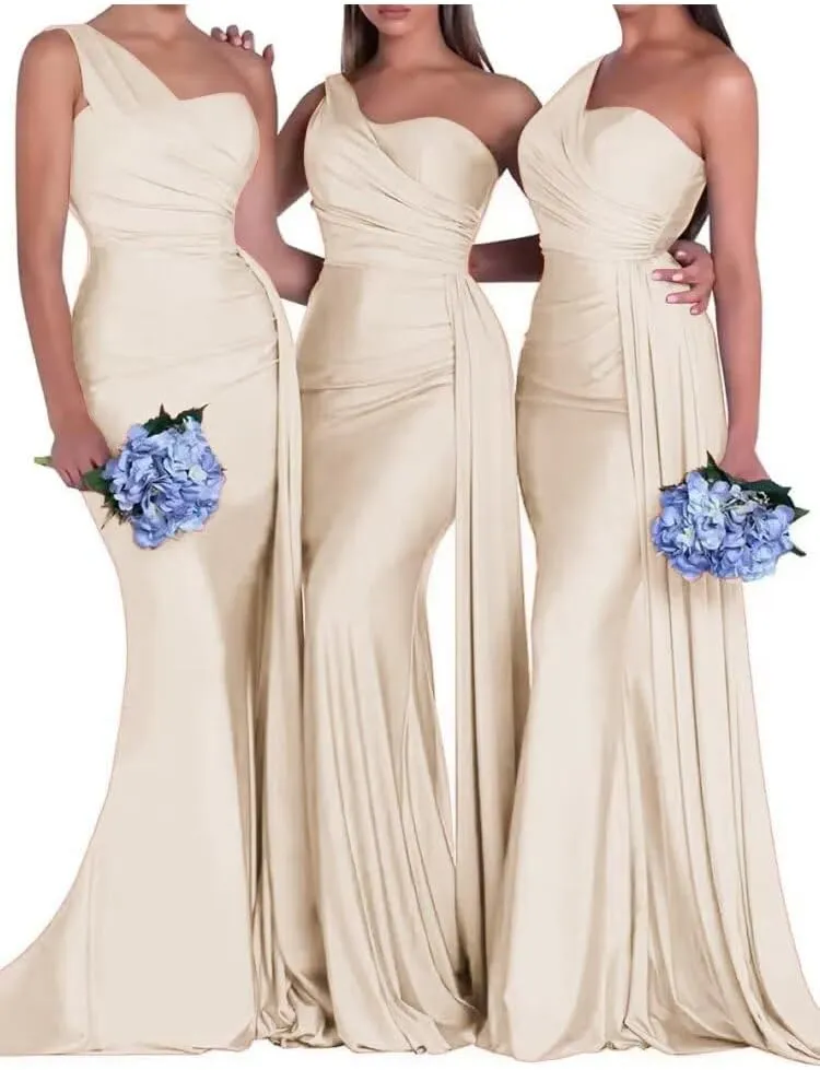 One Shoulder Bridesmaid Dresses Satin Mermaid Long Formal Dresses Pleated Prom Dress for Wedding Women