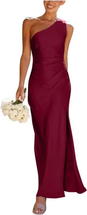 One Shoulder Bridesmaid Dresses with Slit Satin Mermaid Pleated Prom Gowns Beach Forman Dress B1020