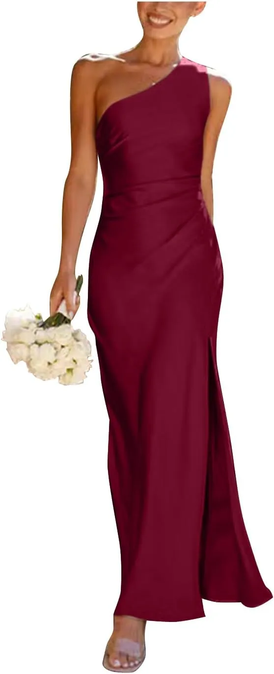 One Shoulder Bridesmaid Dresses with Slit Satin Mermaid Pleated Prom Gowns Beach Forman Dress B1020