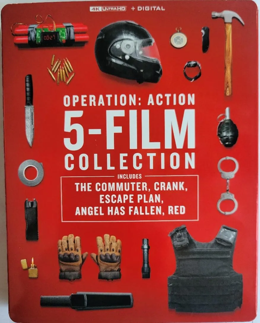 Operation: Action 5 Film Collection includes The Commuet, Crank, Escape Plan, Angel has Fallen, and Red on 4K UHD   Digital