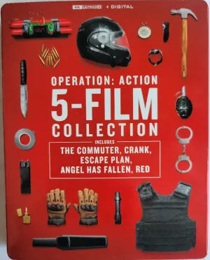 Operation: Action 5 Film Collection includes The Commuet, Crank, Escape Plan, Angel has Fallen, and Red on 4K UHD   Digital