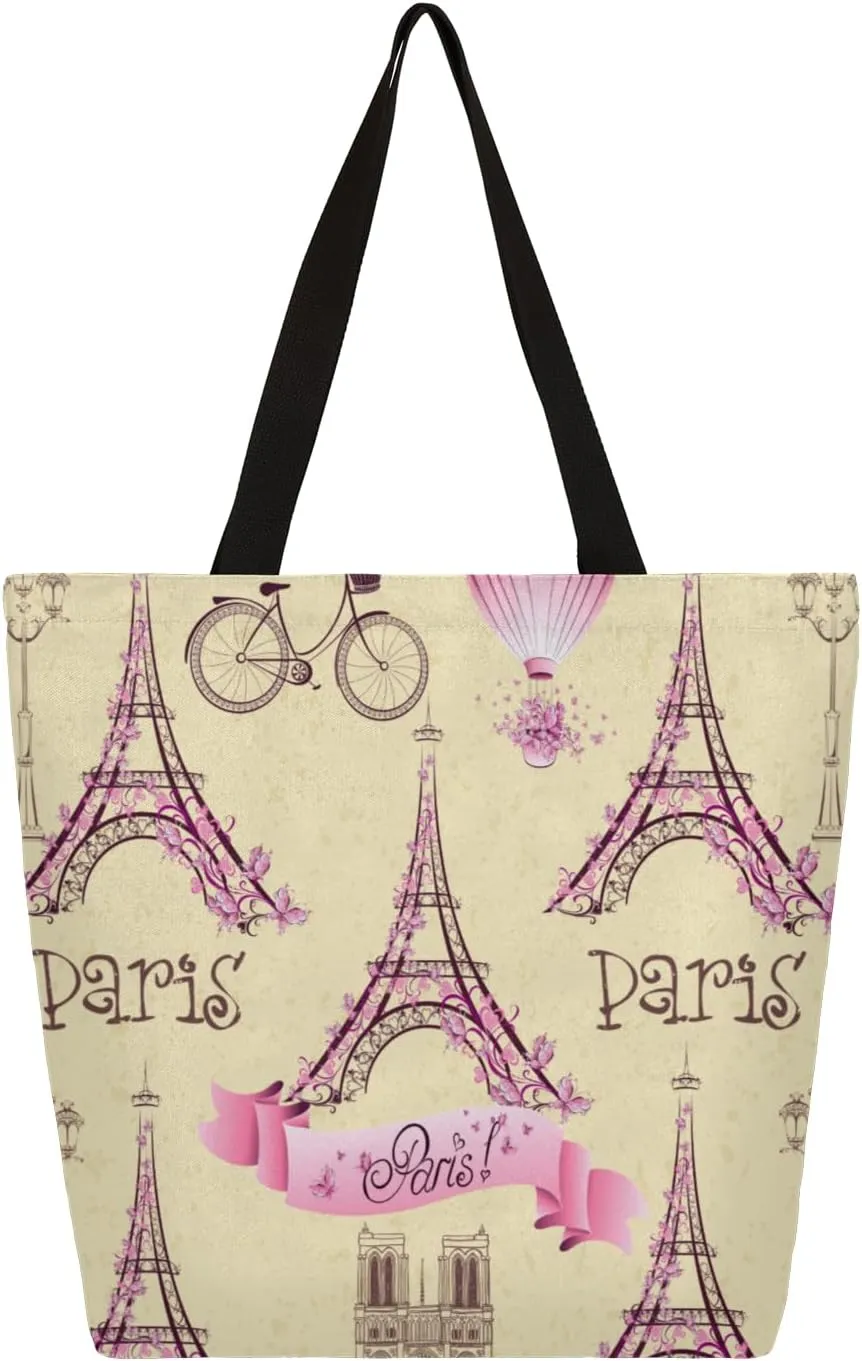 Paris Tower Balloon Cycling Street Lights Large Capacity Canvas Tote Bag Stylish Handheld Shoulder Bag Reusable Shopping Bag for Work Travel Beach Trips Shopping