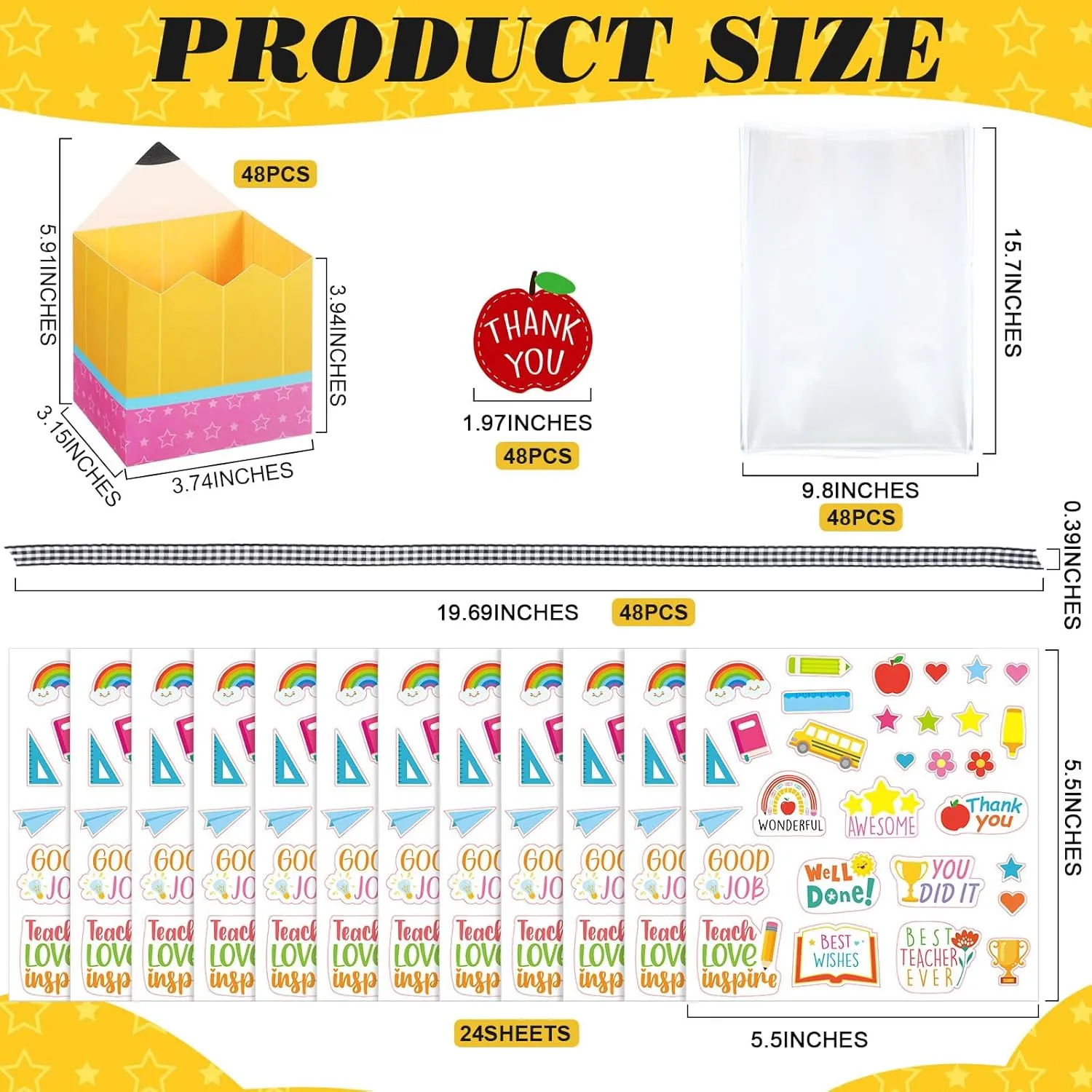 Pasimy 48 Set Teacher Appreciation Gift Bags Thank You Teacher Basket for Gifts Empty Appreciation Pencil Treat Boxes Back to School Gift Box Empty Basket Kit with Stickers for School Classroom