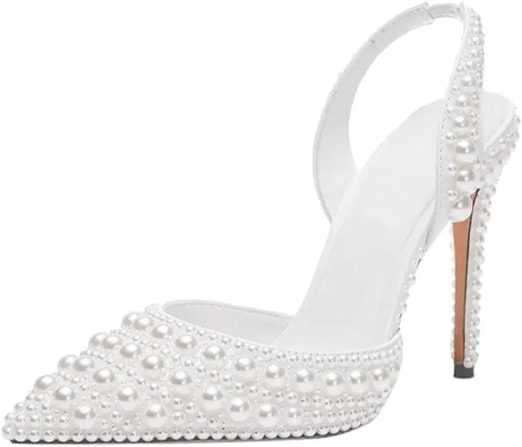 Pearl Slingback Heels for Women, Pointed Closed Toe Slip On Heeled Sandals Stiletto Heel Evening Bridal Shoes for Wedding