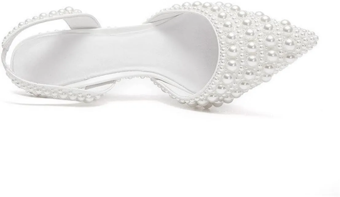 Pearl Slingback Heels for Women, Pointed Closed Toe Slip On Heeled Sandals Stiletto Heel Evening Bridal Shoes for Wedding