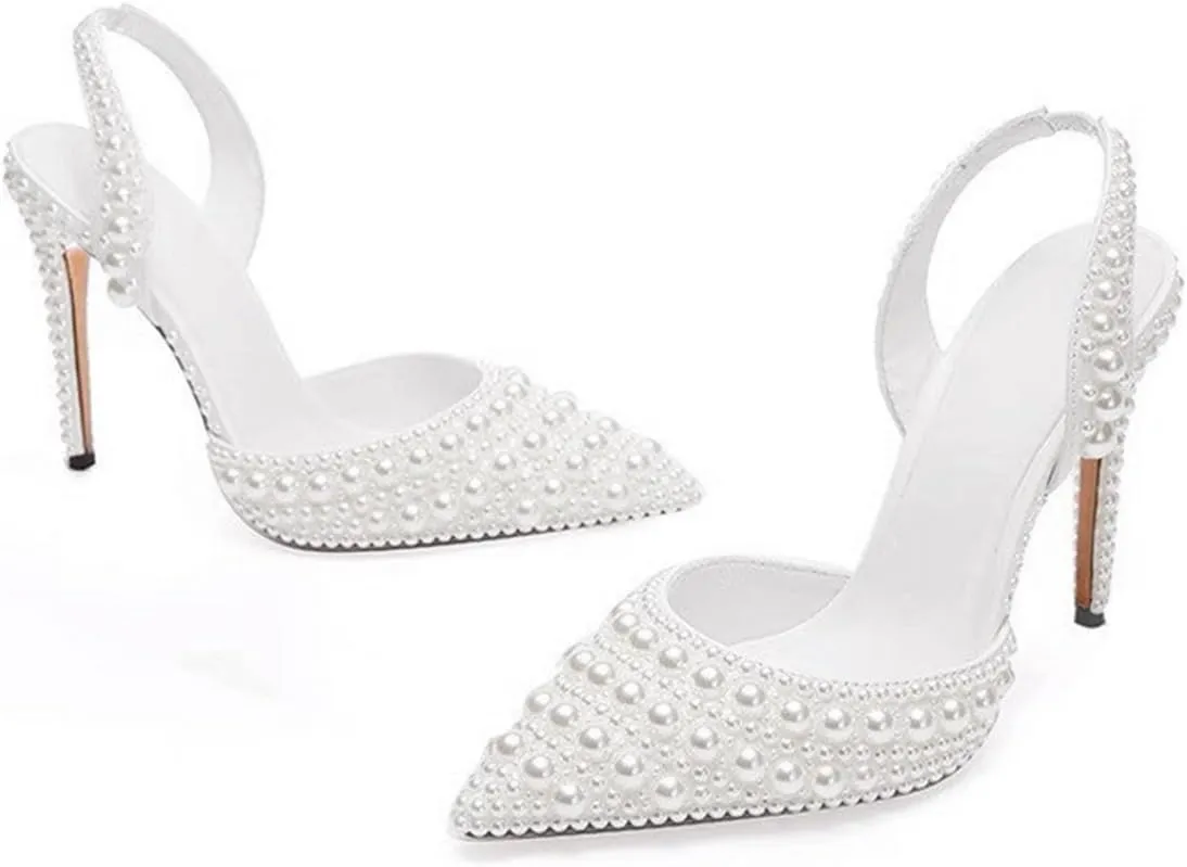 Pearl Slingback Heels for Women, Pointed Closed Toe Slip On Heeled Sandals Stiletto Heel Evening Bridal Shoes for Wedding