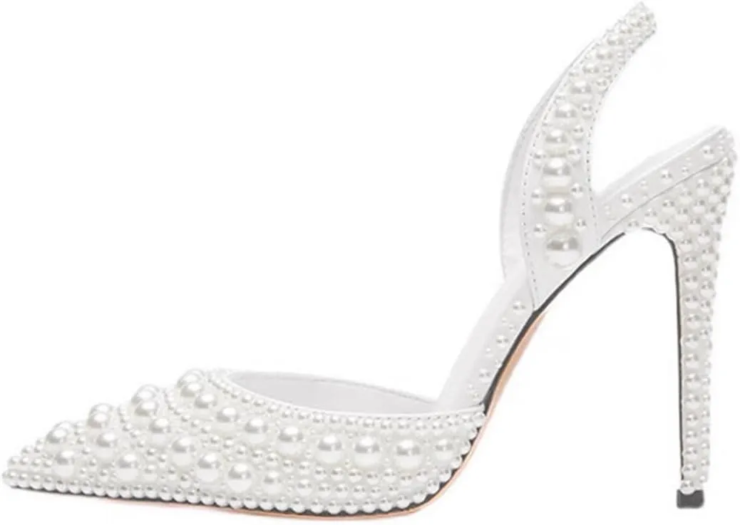 Pearl Slingback Heels for Women, Pointed Closed Toe Slip On Heeled Sandals Stiletto Heel Evening Bridal Shoes for Wedding