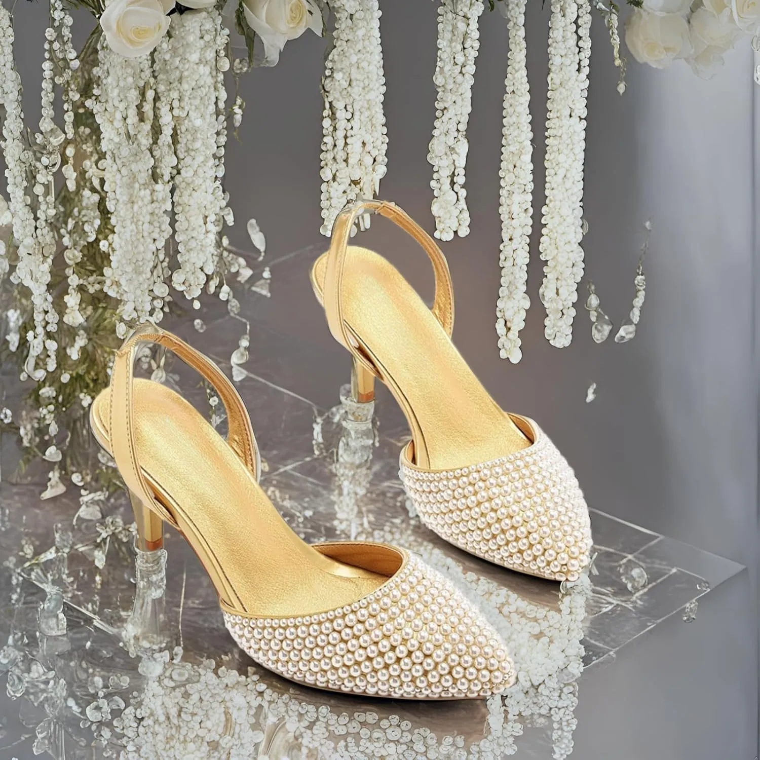 Pearl Slingback Heels for Women, Pointed Closed Toe Slip On Heeled Sandals Stiletto Heel Evening Bridal Shoes for Wedding