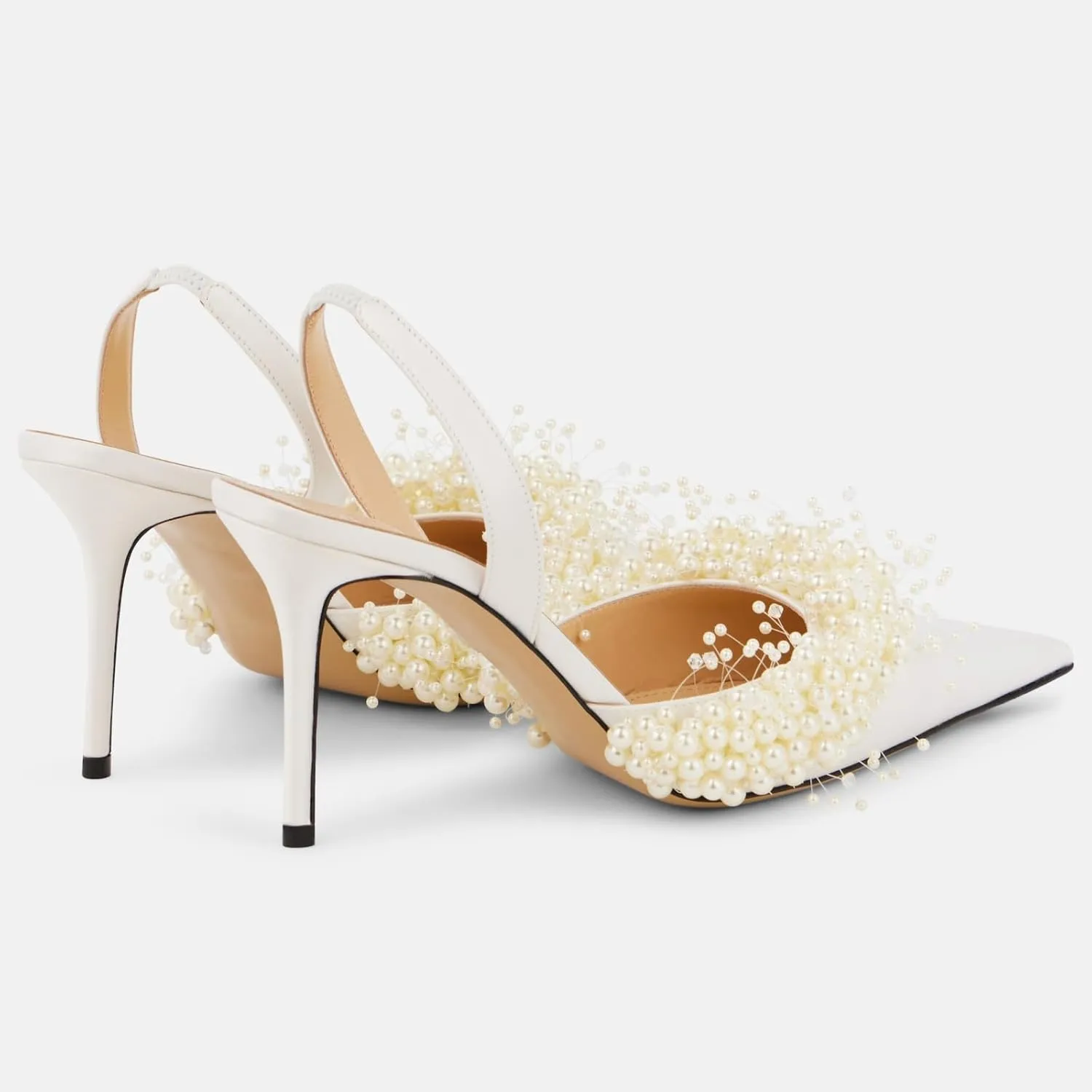 Pearl Slingback Heels for Women, Pointed Closed Toe Slip On Heeled Sandals Stiletto Heel Evening Bridal Shoes for Wedding