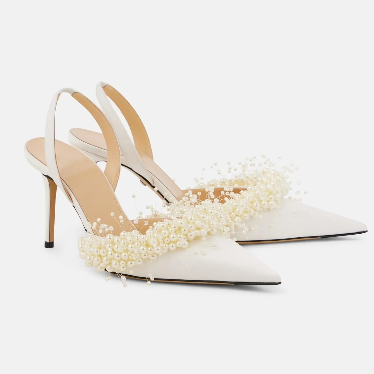 Pearl Slingback Heels for Women, Pointed Closed Toe Slip On Heeled Sandals Stiletto Heel Evening Bridal Shoes for Wedding