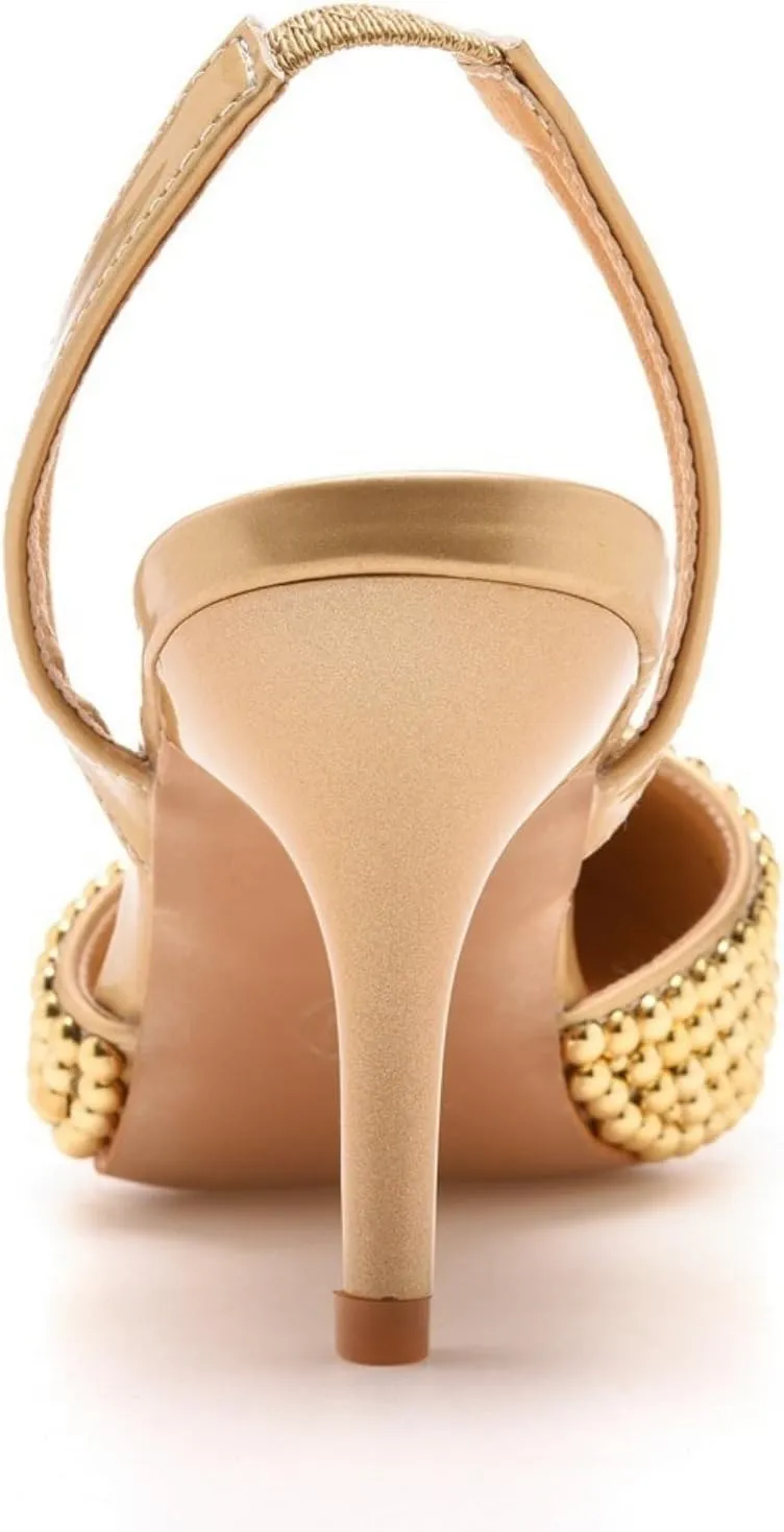 Pearl Slingback Heels for Women, Pointed Closed Toe Slip On Heeled Sandals Stiletto Heel Evening Bridal Shoes for Wedding