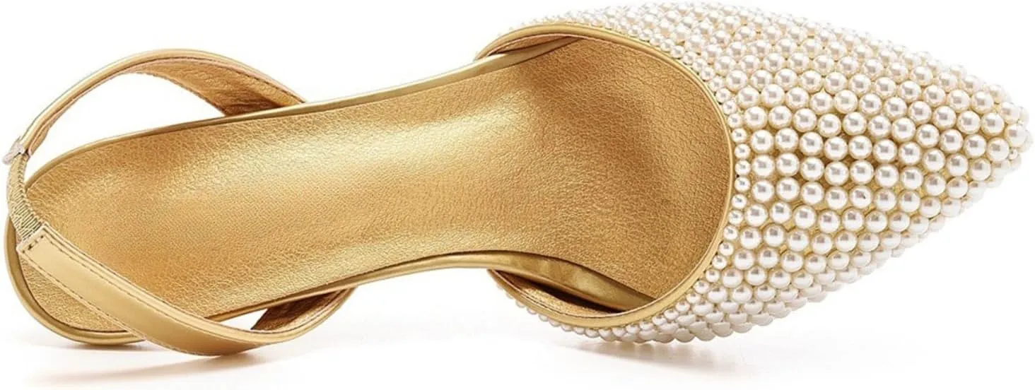Pearl Slingback Heels for Women, Pointed Closed Toe Slip On Heeled Sandals Stiletto Heel Evening Bridal Shoes for Wedding
