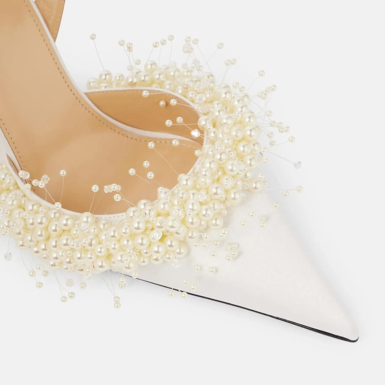 Pearl Slingback Heels for Women, Pointed Closed Toe Slip On Heeled Sandals Stiletto Heel Evening Bridal Shoes for Wedding