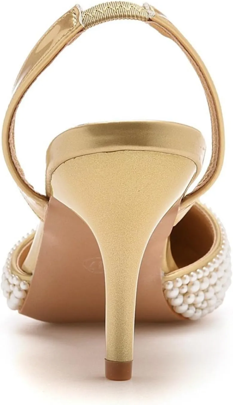 Pearl Slingback Heels for Women, Pointed Closed Toe Slip On Heeled Sandals Stiletto Heel Evening Bridal Shoes for Wedding