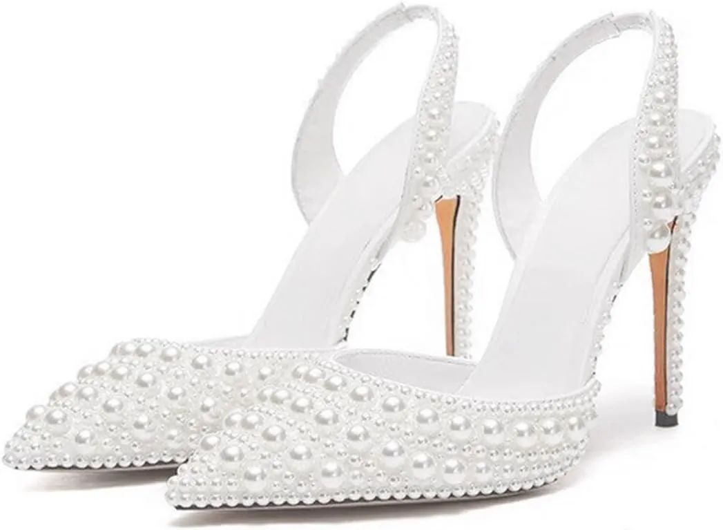 Pearl Slingback Heels for Women, Pointed Closed Toe Slip On Heeled Sandals Stiletto Heel Evening Bridal Shoes for Wedding