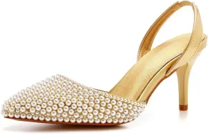 Pearl Slingback Heels for Women, Pointed Closed Toe Slip On Heeled Sandals Stiletto Heel Evening Bridal Shoes for Wedding