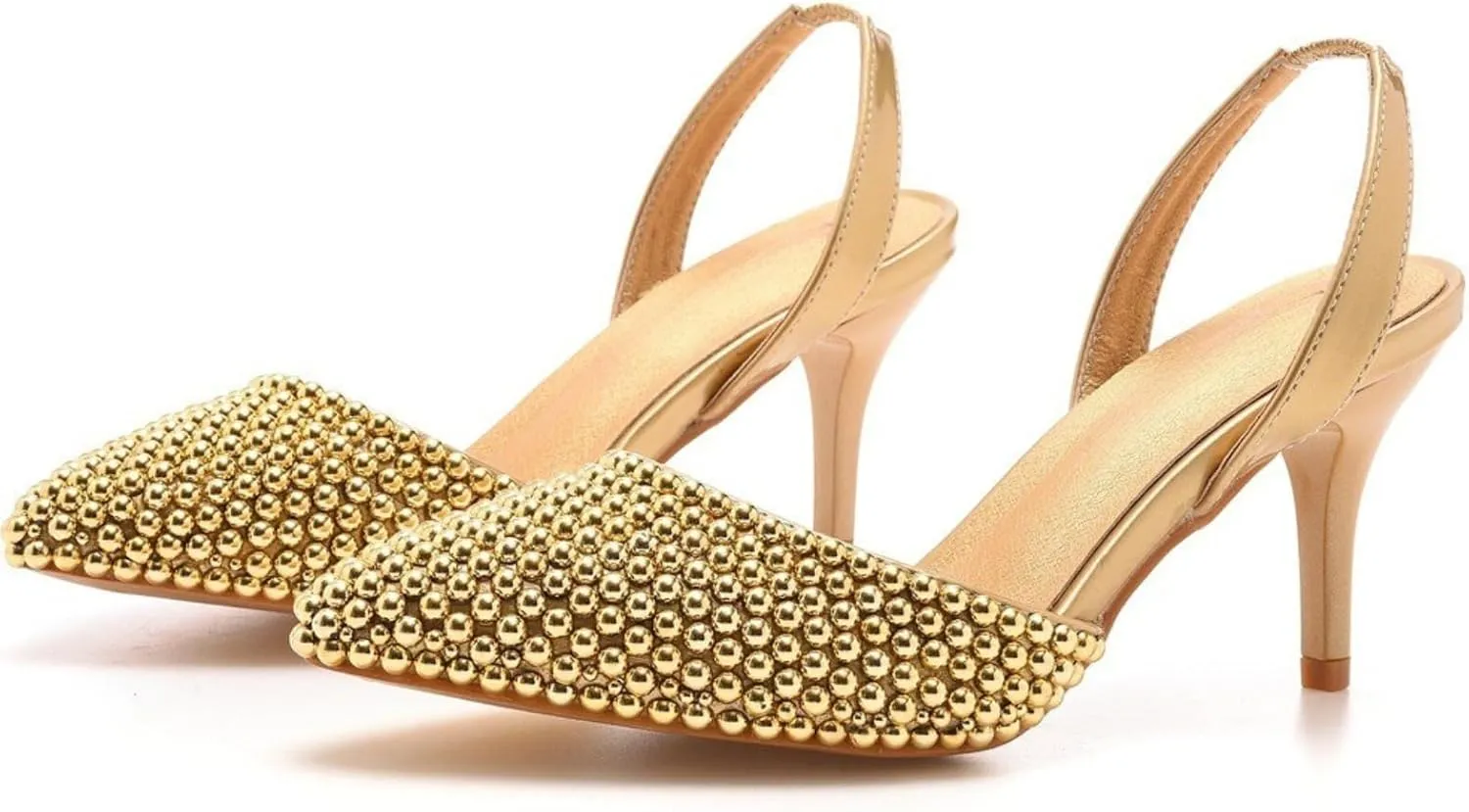 Pearl Slingback Heels for Women, Pointed Closed Toe Slip On Heeled Sandals Stiletto Heel Evening Bridal Shoes for Wedding
