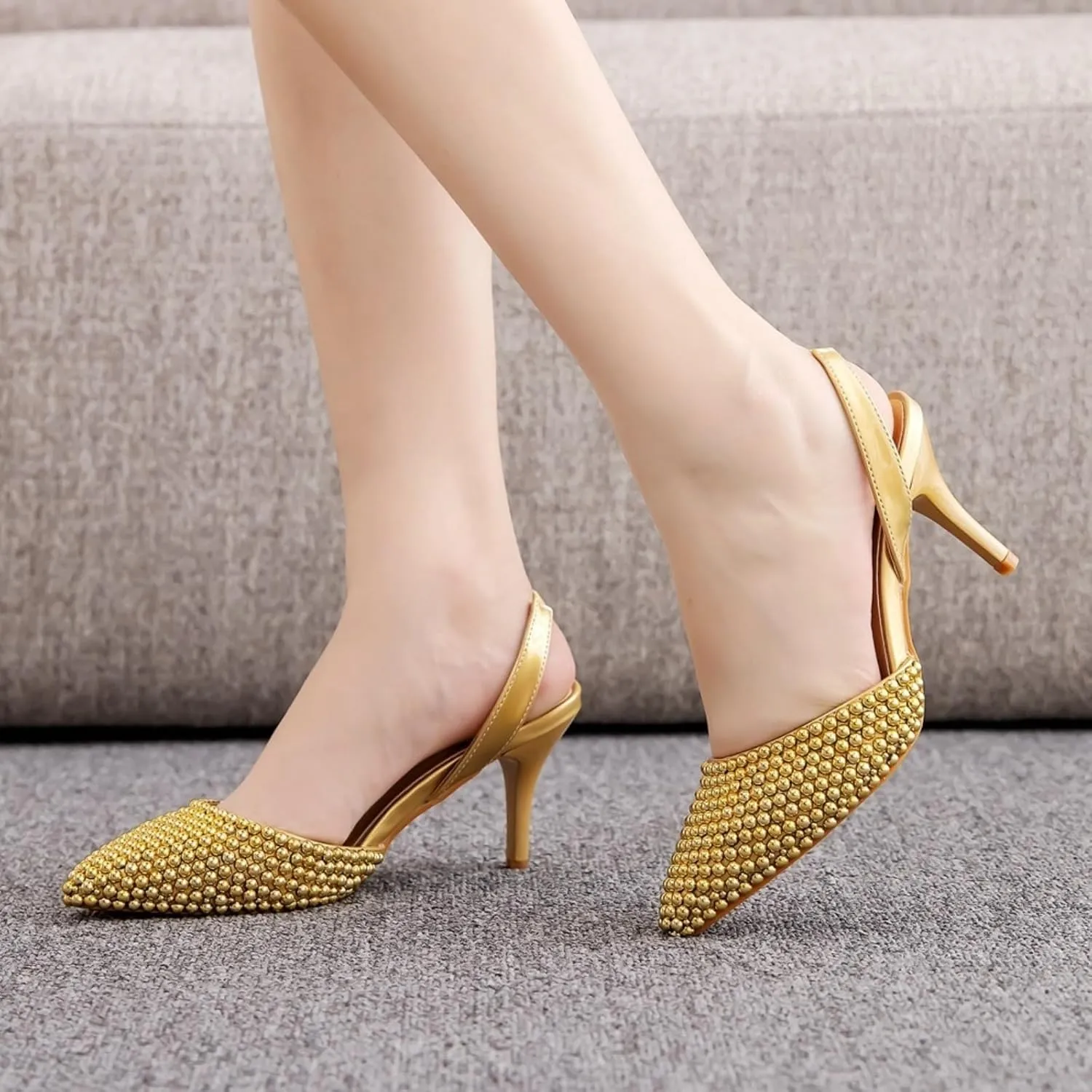 Pearl Slingback Heels for Women, Pointed Closed Toe Slip On Heeled Sandals Stiletto Heel Evening Bridal Shoes for Wedding