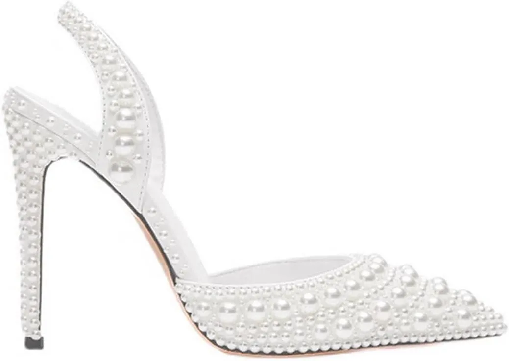 Pearl Slingback Heels for Women, Pointed Closed Toe Slip On Heeled Sandals Stiletto Heel Evening Bridal Shoes for Wedding