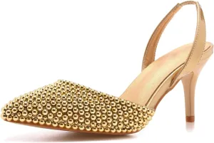 Pearl Slingback Heels for Women, Pointed Closed Toe Slip On Heeled Sandals Stiletto Heel Evening Bridal Shoes for Wedding