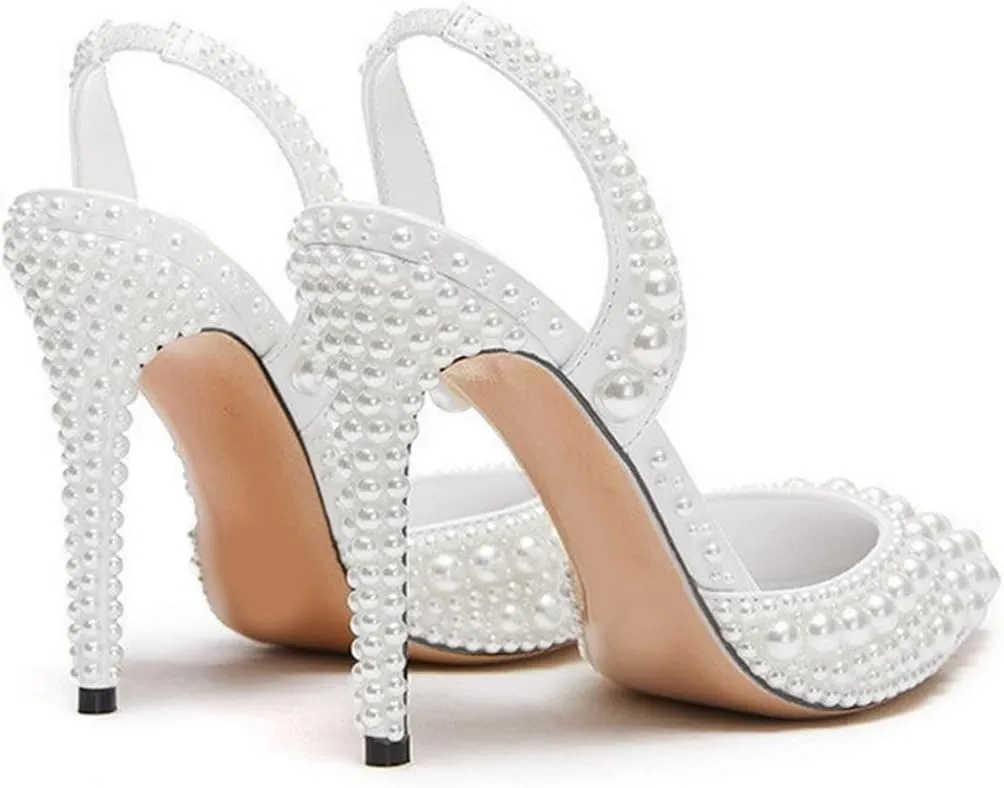 Pearl Slingback Heels for Women, Pointed Closed Toe Slip On Heeled Sandals Stiletto Heel Evening Bridal Shoes for Wedding