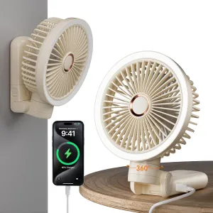 Personal Fan, 4-Speed Oscillating and 360°Rotating with LED Light, 4-in-1 Handheld/Desk/Clip-On/ Wall-Mounted Portable Fan, 5400mAh Rechargeable, Ideal for Travel/Camping/Stroller (11inch, Beige)