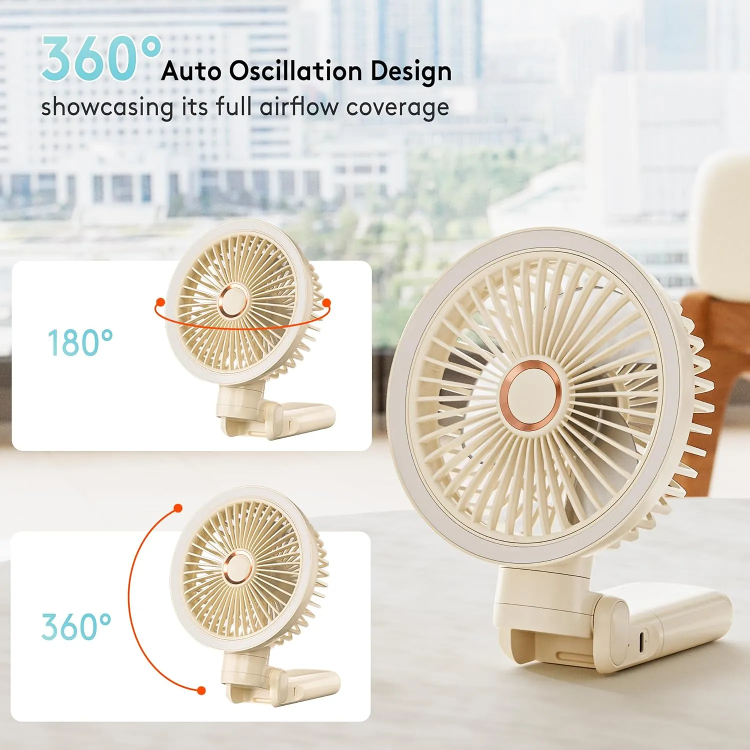 Personal Fan, 4-Speed Oscillating and 360°Rotating with LED Light, 4-in-1 Handheld/Desk/Clip-On/ Wall-Mounted Portable Fan, 5400mAh Rechargeable, Ideal for Travel/Camping/Stroller (11inch, Beige)