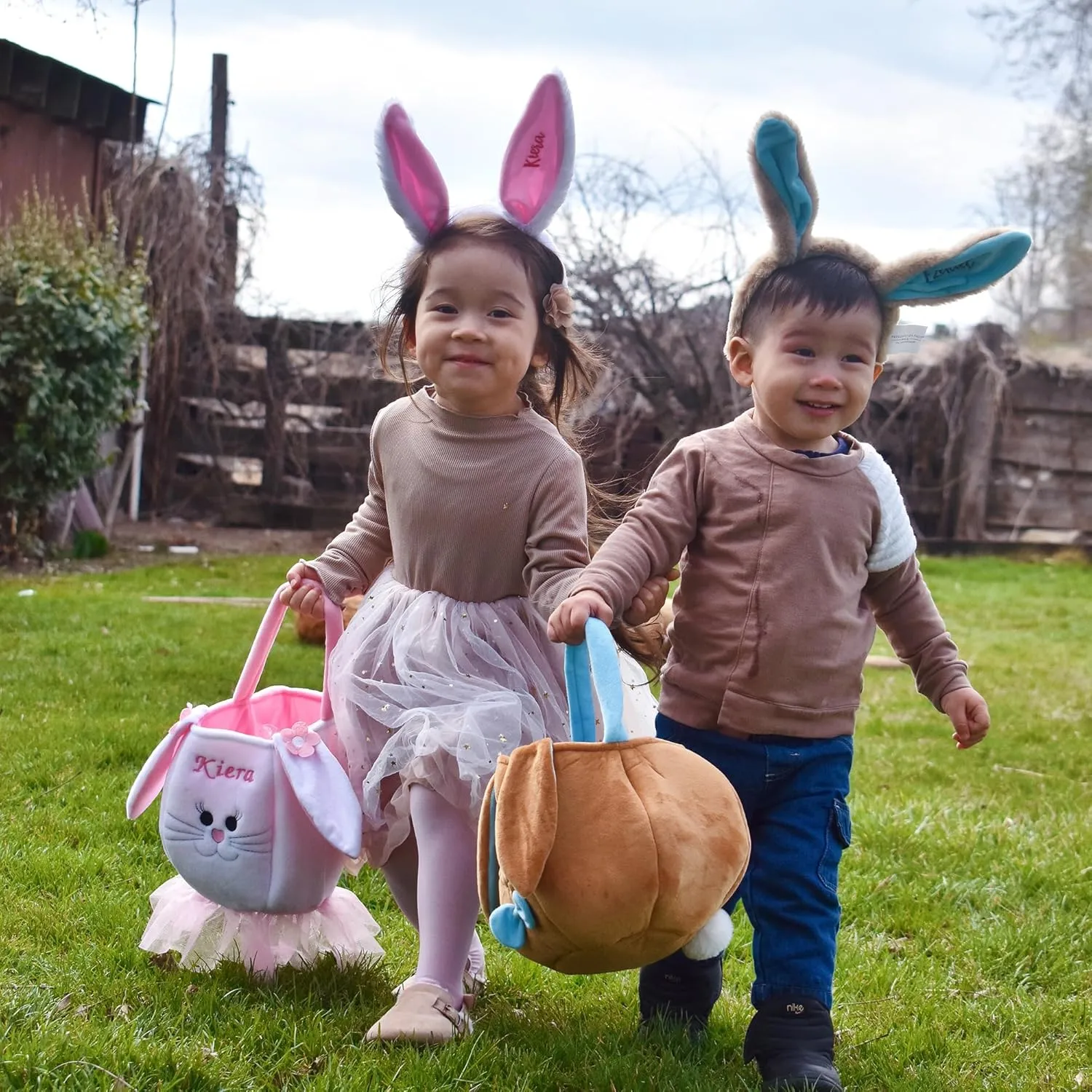 Personalization Universe Blue and Brown Personalized Easter Bunny Basket Bag, Embroidered Baby Name, Perfect for Easter Egg Hunts, Custom Easter Egg Hunt Accessory, Ideal For Easter Basket Stuffers