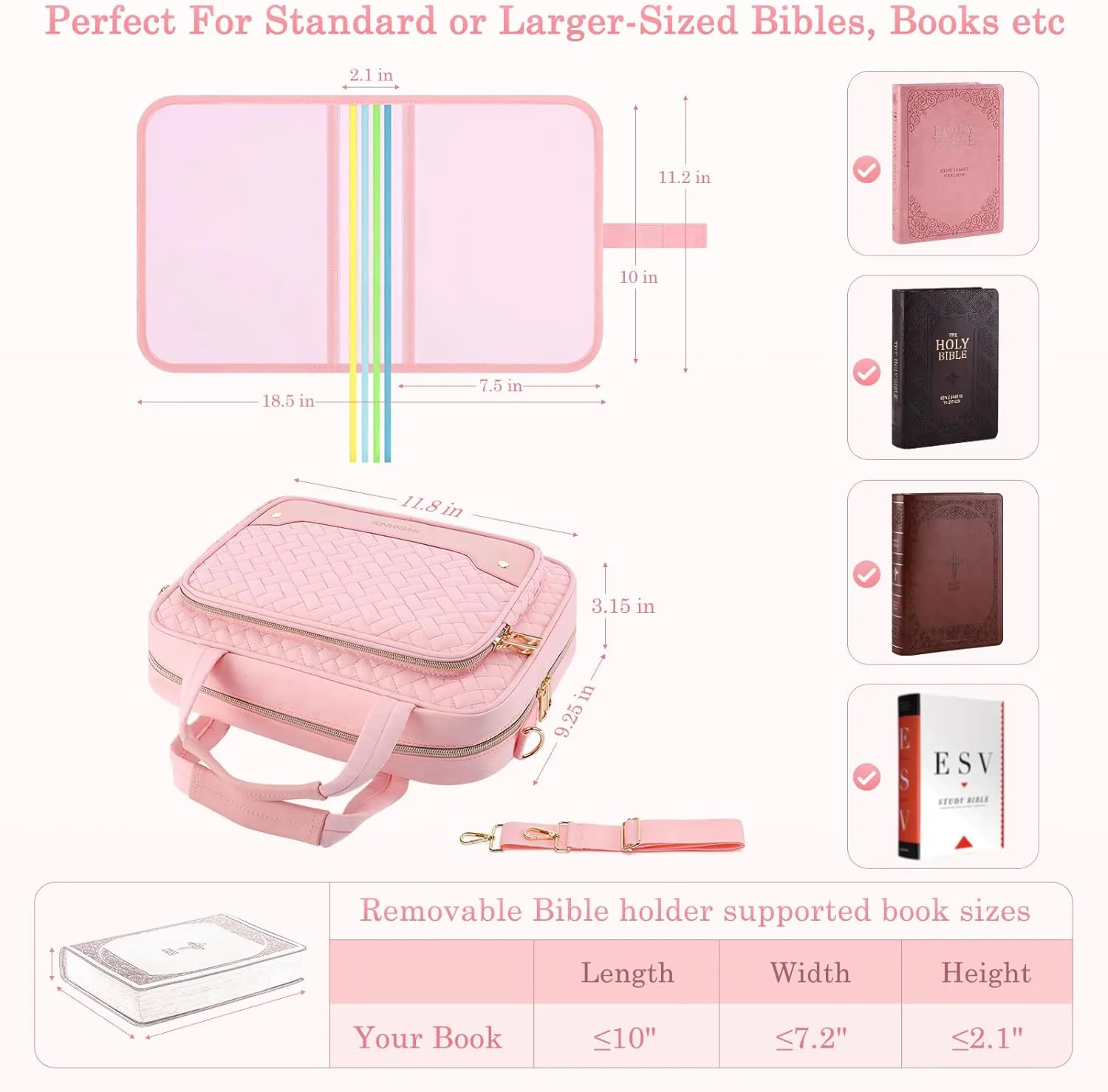 Pink Bible Cover Case for Women,Bible Case with Bible Holder,Extra Large Bible Covers for Girls,Bible Bag with Detachable Shoulder Strap,Leather Bible Carrying Case,Bible Study Bag for Bible Covers