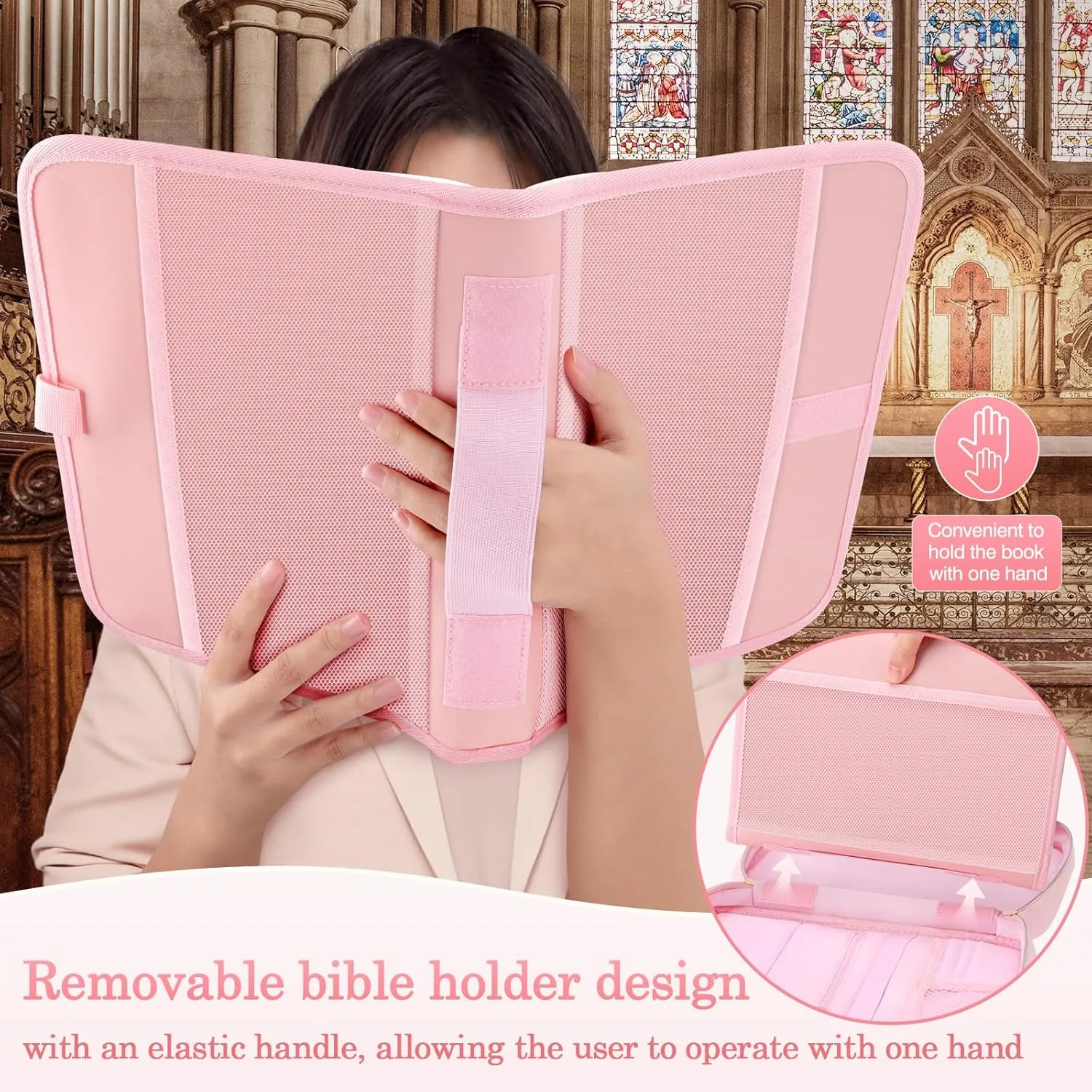 Pink Bible Cover Case for Women,Bible Case with Bible Holder,Extra Large Bible Covers for Girls,Bible Bag with Detachable Shoulder Strap,Leather Bible Carrying Case,Bible Study Bag for Bible Covers