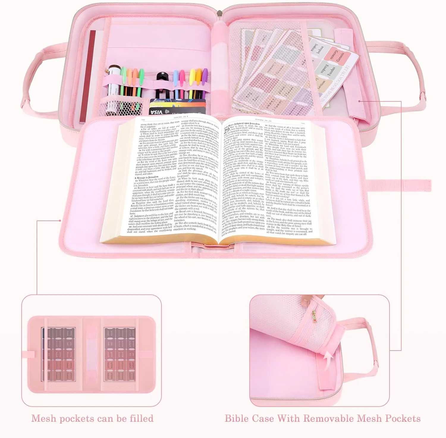 Pink Bible Cover Case for Women,Bible Case with Bible Holder,Extra Large Bible Covers for Girls,Bible Bag with Detachable Shoulder Strap,Leather Bible Carrying Case,Bible Study Bag for Bible Covers