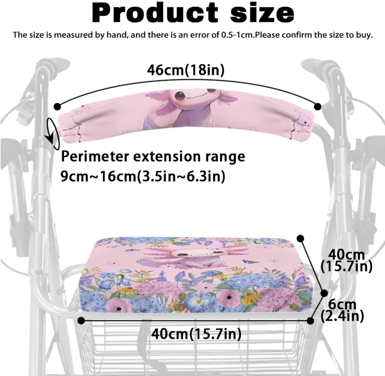 Pink Cute Axolotl 3Pcs Rollator Walker Decoration with Bag Seat and Backrest Covers for Ladies Walker Seat Cushion Cover Soft Rollator Walker Basket for Senior