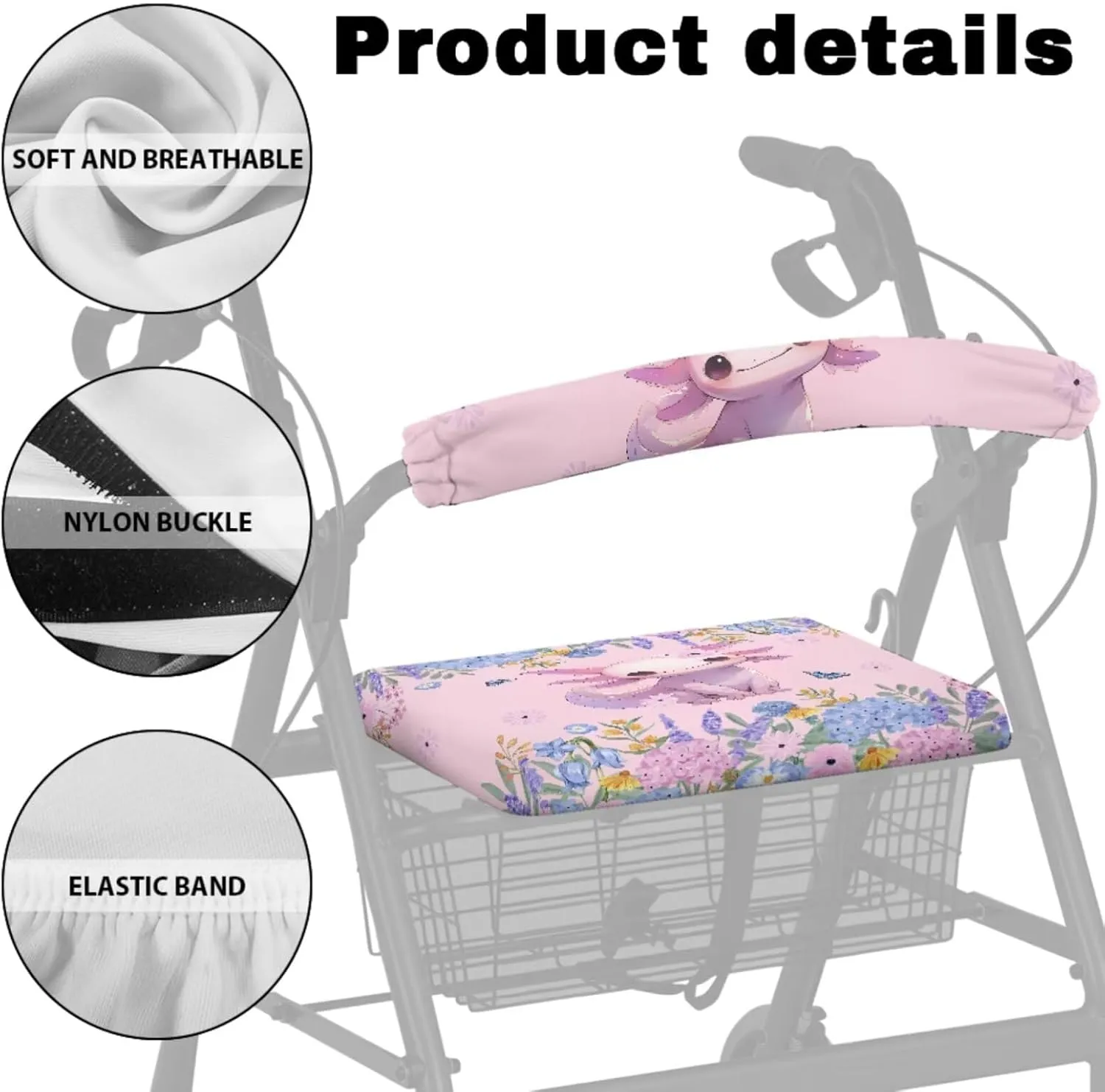 Pink Cute Axolotl 3Pcs Rollator Walker Decoration with Bag Seat and Backrest Covers for Ladies Walker Seat Cushion Cover Soft Rollator Walker Basket for Senior