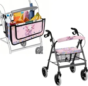 Pink Cute Axolotl 3Pcs Rollator Walker Decoration with Bag Seat and Backrest Covers for Ladies Walker Seat Cushion Cover Soft Rollator Walker Basket for Senior