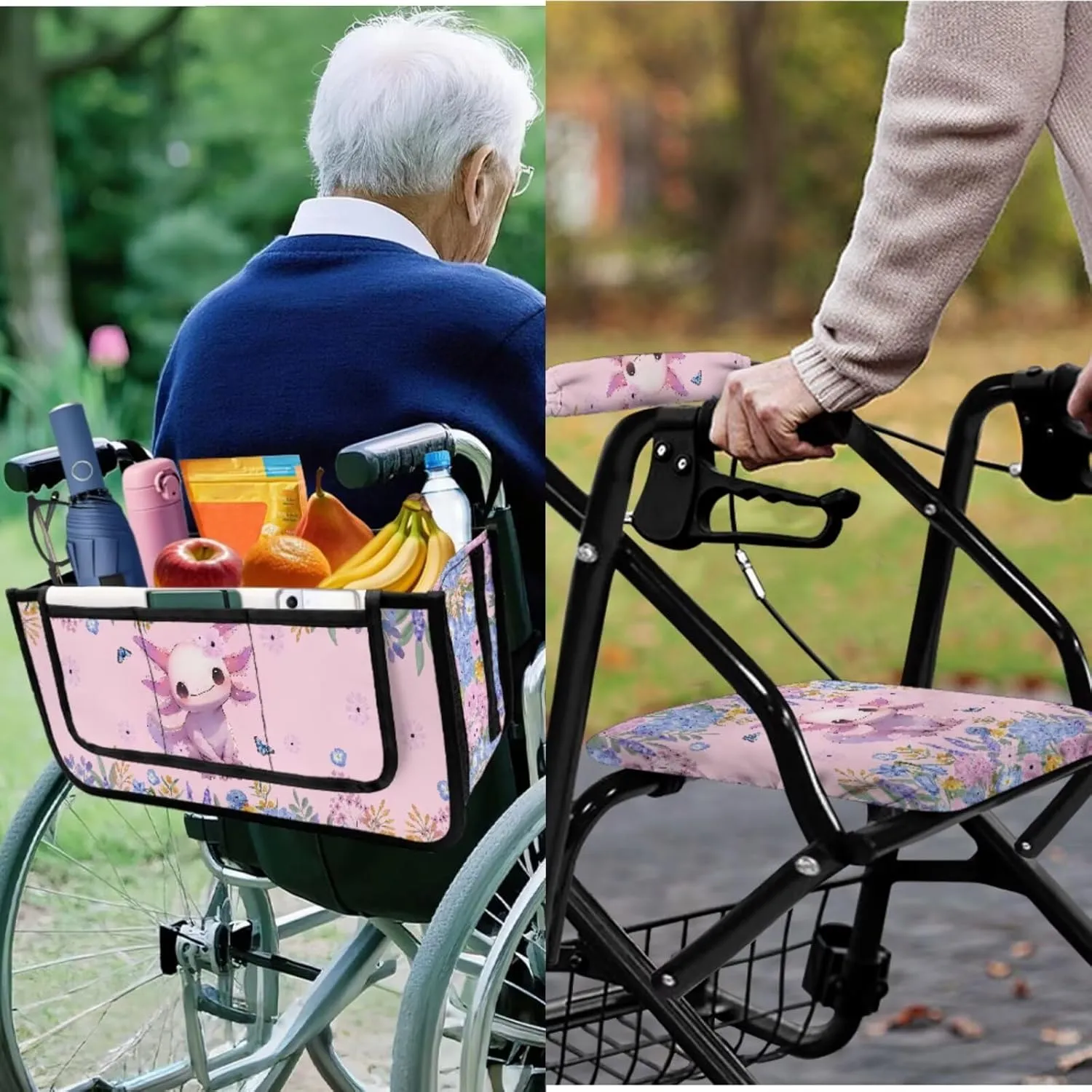 Pink Cute Axolotl 3Pcs Rollator Walker Decoration with Bag Seat and Backrest Covers for Ladies Walker Seat Cushion Cover Soft Rollator Walker Basket for Senior