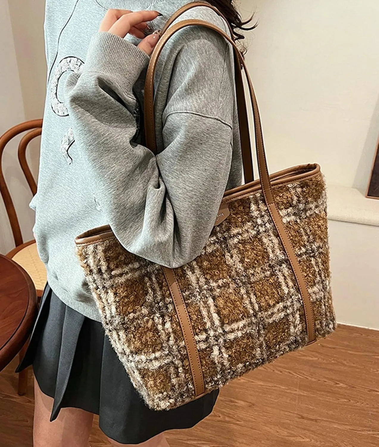 Plaid Woolen Tote Bag Women 2024 Commuter Shoulder Bag PU Strap Autumn Winter Purse Zip Closure Work Daily Use Travel