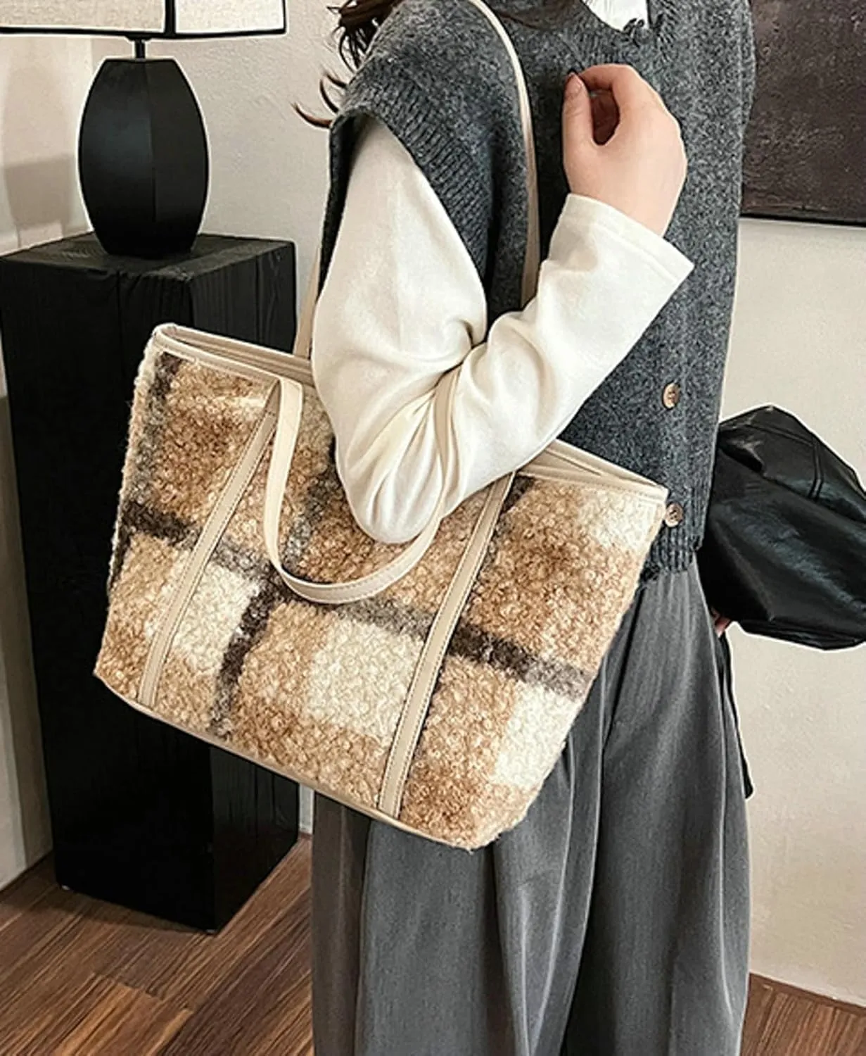Plaid Woolen Tote Bag Women 2024 Commuter Shoulder Bag PU Strap Autumn Winter Purse Zip Closure Work Daily Use Travel